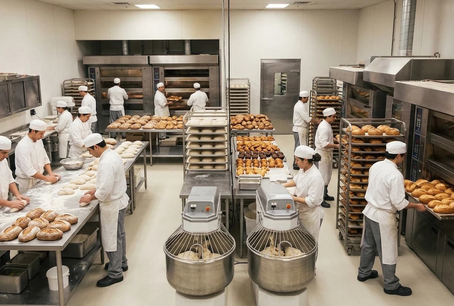 Commercial bakery with industrial deck ovens and spiral mixers