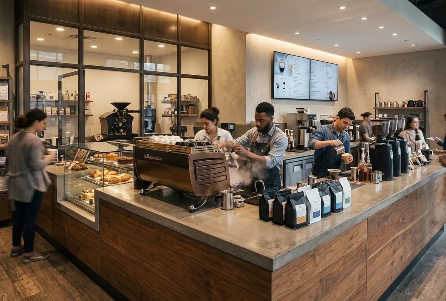 Artisan café equipment with commercial espresso machines and displays