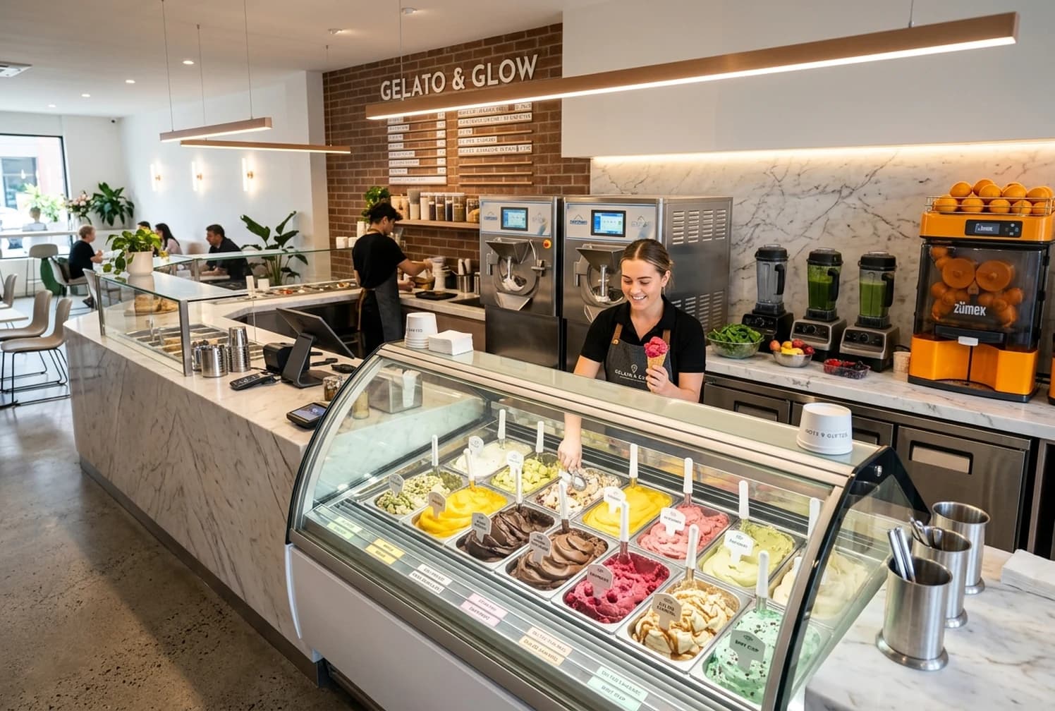 Gelato parlour scooping showcase and commercial juice bar equipment